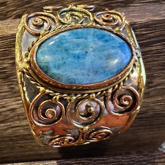 Artisan-Made 2-inch Wide Cuff Bracelet with Apatite Stone and Mixed Metals, Adj - Picture 10 of 12